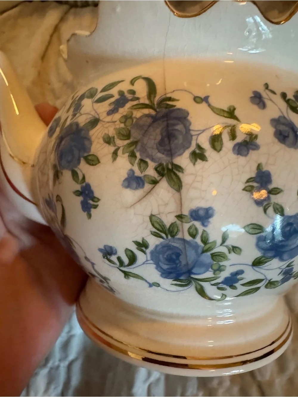 Classic Floral Ceramic Teapot in White with Blue Rose Accents